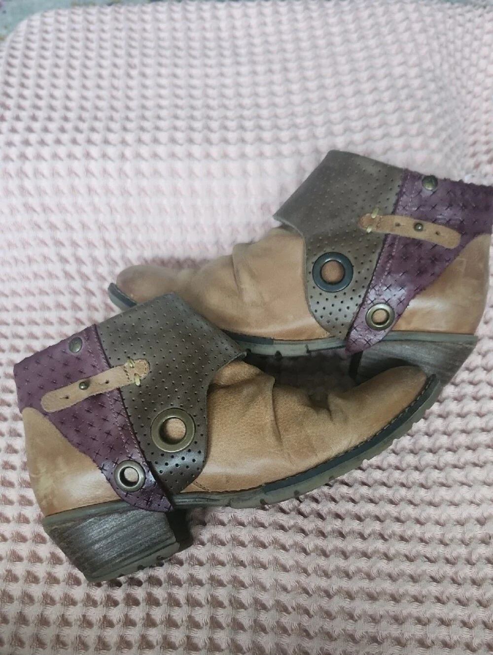 Wandapanda Women's Brown & Purple Leather Ankle Boots Cottagecore Festival